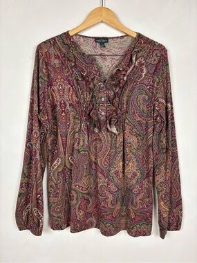 Lauren Jeans Co. Paisley Print Top Ruffle Front Cotton 1X Preppy Equestrian